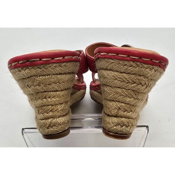 Born Womens Red Leather Strappy Wedge Sandals With Braided Espadrille Heel & Adj - Picture 4 of 12